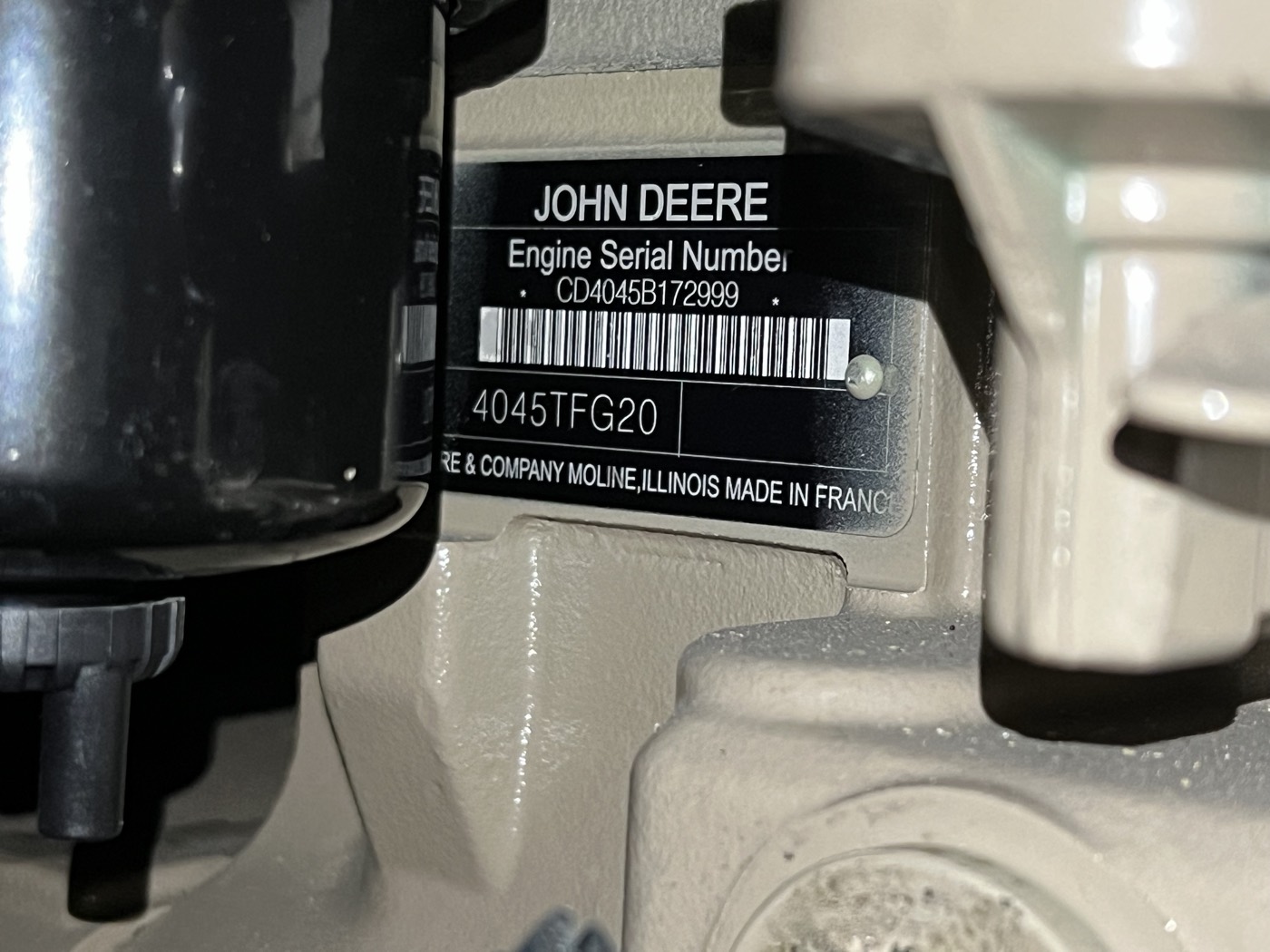 John Deere engine serial plate — genuine, traceable engines